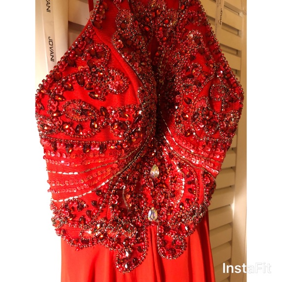 LIKE NEW Jovani Halter Backless Red Dress - Picture 4 of 5